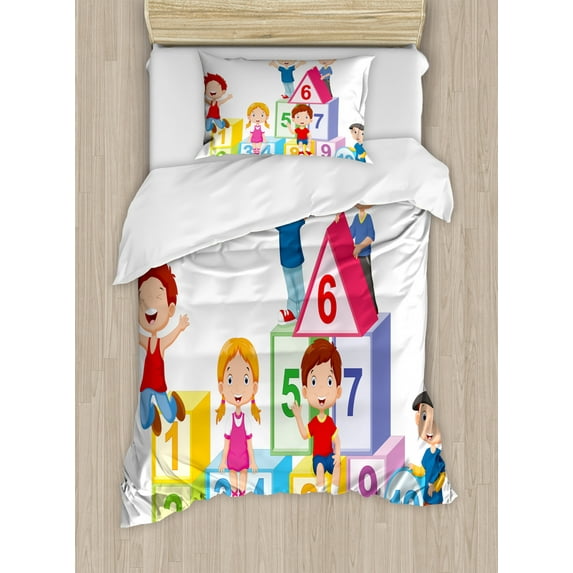 Educational Twin Size Duvet Cover Set, Happy Kids Boys and Girls with Number Blocks Triangle Rectangle and Square, Decorative 2 Piece Bedding Set with 1 Pillow Sham, Multicolor, by Ambesonne