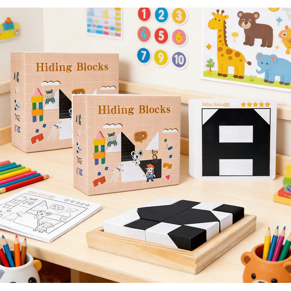 Wooden Hidden Block Puzzle – Solid Wood Box with Black White Pieces, 3D Logic Brain Teaser, Premium Tabletop Game for Family Leisure & Creative Gifting 2Set
