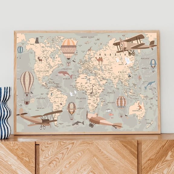 Educational World Map Kids Nursery Decor Illustrated Poster