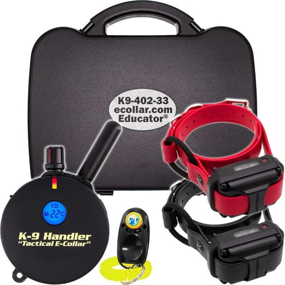 Educator K9-402 Two Dogs K9 Handler Professional E-Collar Training Collar with Remote - Up to 3/4 Mile Range, Waterproof, Rechargeable, 100 Stimulation Levels, Vibration, Tone, 33-Inch Bungee Collar
