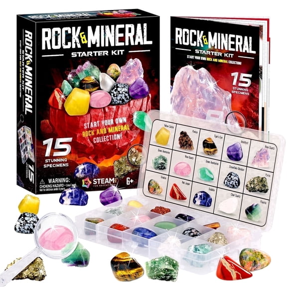 Piano Potato 15PCS Rocks Collection Kit, Rock & Mineral Geology Gem Set with ID Sheet, Science Toy Gift for Age 6+ Boys & Girls