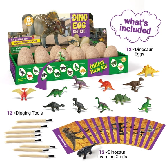 Piano Potato 12 Unique Dino Egg Dig Kit,  Dinosaur Eggs Excavation Sets,  Dinosaur Toys for Kids, Easter Party Archaeology Paleontology Educational Science STEM Gift for Age 6+ Boys and Girls