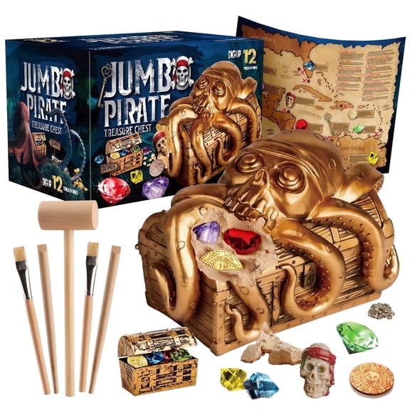 Piano Potato Jumbo Pirate Dig Kit, Dig up 12 Pirate Treasures, Gemstones, Gold Coins-Pirate Toys for Kids, Science Excavation Kit, Birthday Gift for Boys & Girls Age 6+