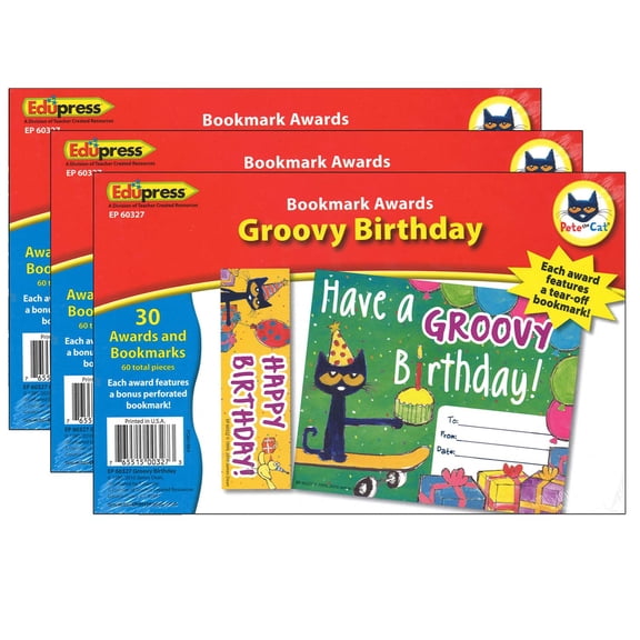 Edupress Pete the Cat Groovy Birthday Bookmark Awards, 30 Per Pack, 3 Packs