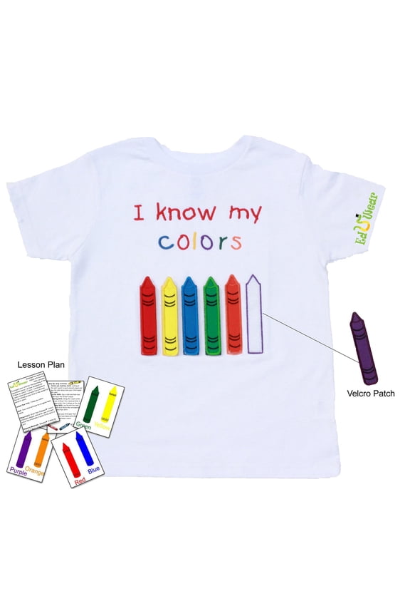 (Unisex) Embroidered "I Know My Colors" Interactive Educational short sleeve T-shirt with Embroidered Velcro Patches (Little Girls, Little Boys)