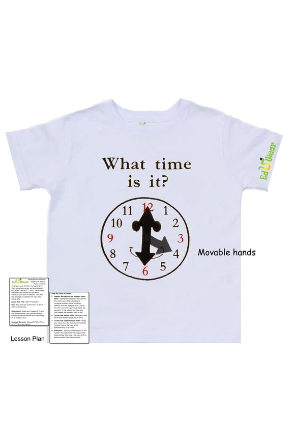 (Unisex) Embroidered "What Time Is It?" Interactive Clock short sleeve T-shirt with Movable Hands (Little Girls, Little Boys)