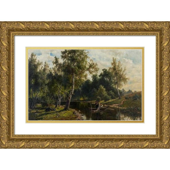 Edvard Bergh 18x13 Gold Ornate Wood Frame and Double Matted Museum Art Print Titled - Fishing (1879)