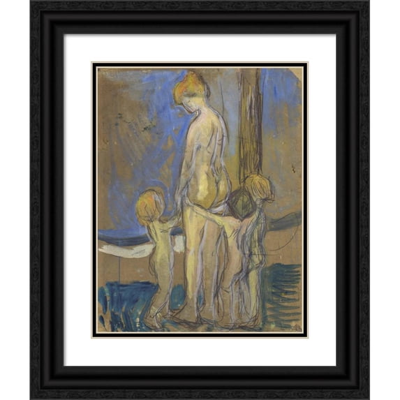 Edvard Munch 12x14 Black Ornate Wood Framed Double Matted Museum Art Print Titled: Woman with Children (1907)