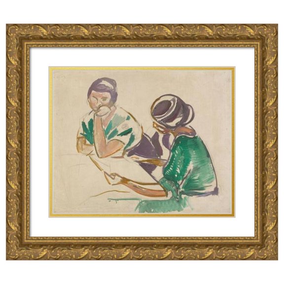 Edvard Munch 18x15 Gold Ornate Wood Frame and Double Matted Museum Art Print Titled - Two Women at the Table (1915-17)