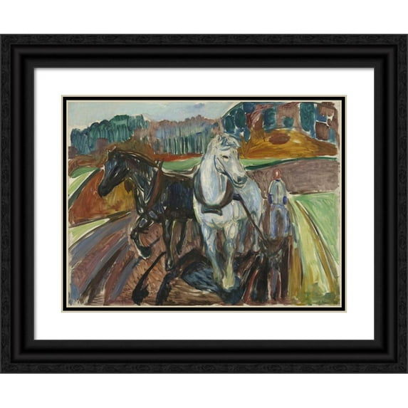 Edvard Munch 24x19 Black Ornate Framed Double Matted Museum Art Print Titled: Autumn Ploughing (1919)