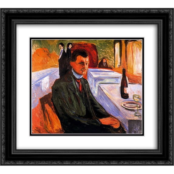 Edvard Munch 2x Matted 22x20 Black Ornate Framed Art Print 'Self-portrait with bottle of wine'