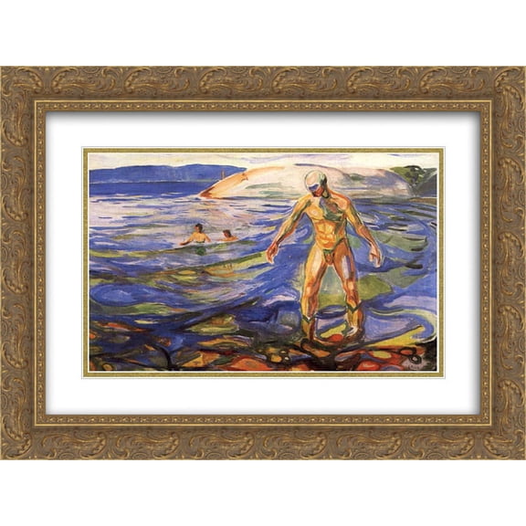 Edvard Munch 2x Matted 24x20 Gold Ornate Framed Art Print 'Bathing Man'