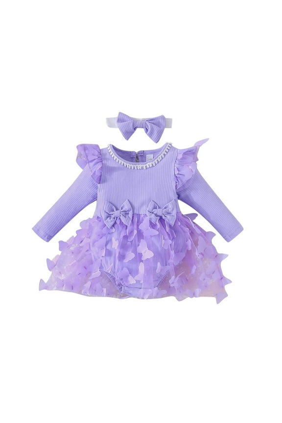 0-18 Months Newborn Baby Girl Clothes Fall Winter Baby Girl Lace Bow Tie Dress Romper with Headband Infant Cotton Outfits Long Sleeve Girls' Jumpsuits & Rompers