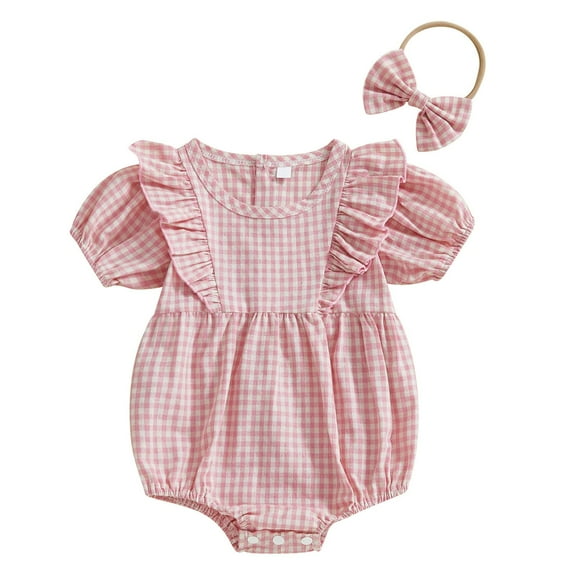 Edvintorg 0-18 Months Newborn Girl Outfits New Fashion Plaid Casual Short Sleeve Baby Romper and Bow Headband Sets Summer Infant Girls Clothes