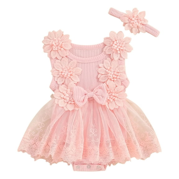 Edvintorg 0-18 Months Toddler Girl Clothes Set Summer Infant Cotton Outfits Sleeveless Skirt Baby Girl Flower Lace Bow Tie Dress Romper Hair Band Set
