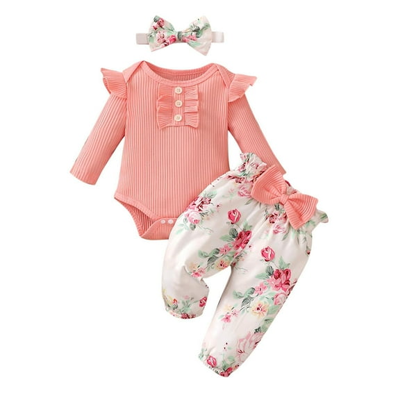 Edvintorg 0-18Months Baby Clothes for Girls Fall Winter Clearance Cute Ruffle Long Sleeve Romper Bodysuit Floral Pants Set Birthday Gift Toddler Newborn Girl Outfits