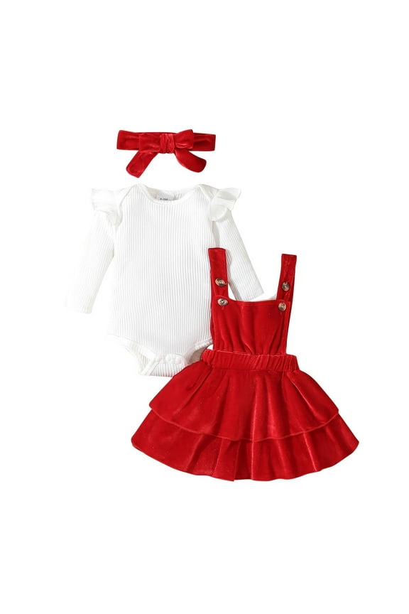 0-18Months Christmas Toddler Winter Clothes for Girls Solid Color Long Sleeve Romper Jumpsuit Velvet Suspender Skirt and Headband 3Pcs/Sets Christmas Baby Girl Outfit