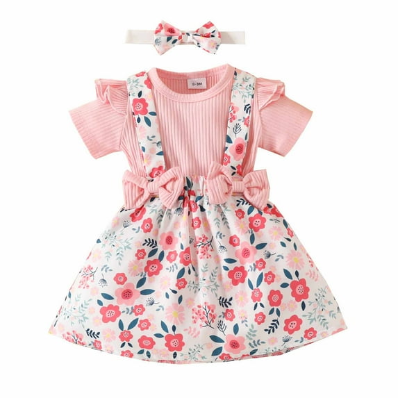 Edvintorg 0-18Months Clothes For Newborn Girls Clearance Toddler Baby Girl Ruffled Print Romper With Straps Shorts And Headband Set Fashion 3Pcs For Toddler Clothing