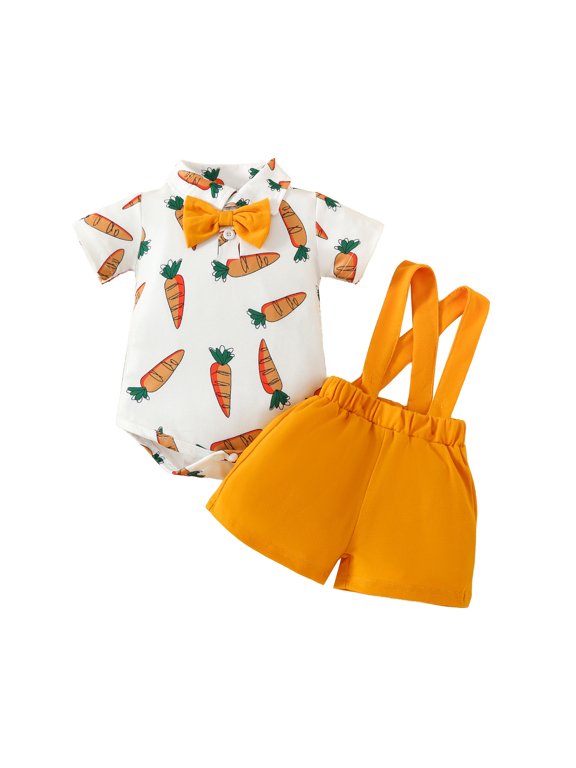 0-18Months Easter Baby Boy Summer Clothes Cute Gentleman Bow Tie Carrot Print Shorts Sleeve Shirt Bodysuit Bib Shorts Sets Boys Fashion Outfits
