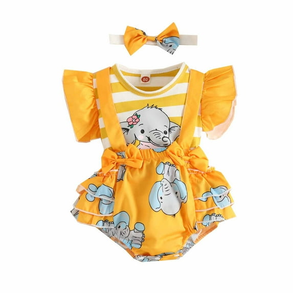Edvintorg 0-18Months Newborn Baby Girl Clothes Set Summer Toddler Baby Girl Ruffled Cartoon Printed Romper and Headband Set Fashion Baby Outfits