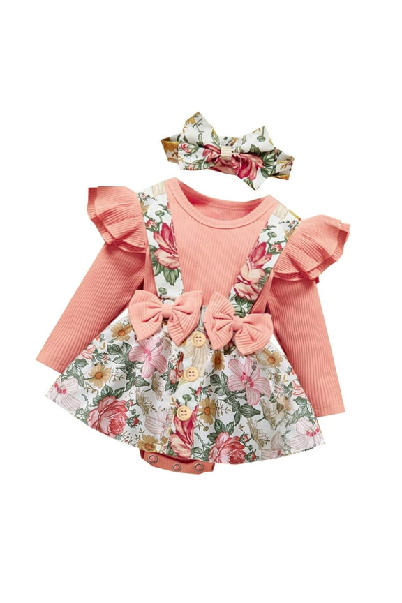 0-18Months Toddler Baby Girl Clothing Sets Cute Floral Printing Long Sleeve Shirt Suspender Dress and Hair Band 3 Pieces Set Fall Girls Boutique Outfits