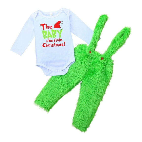 Edvintorg 0-24 Months First Christmas Baby Bodysuit Cute Letter Print with Romper Overalls Set Crew Neck Furry Suspender Pants Set Baby Clothing