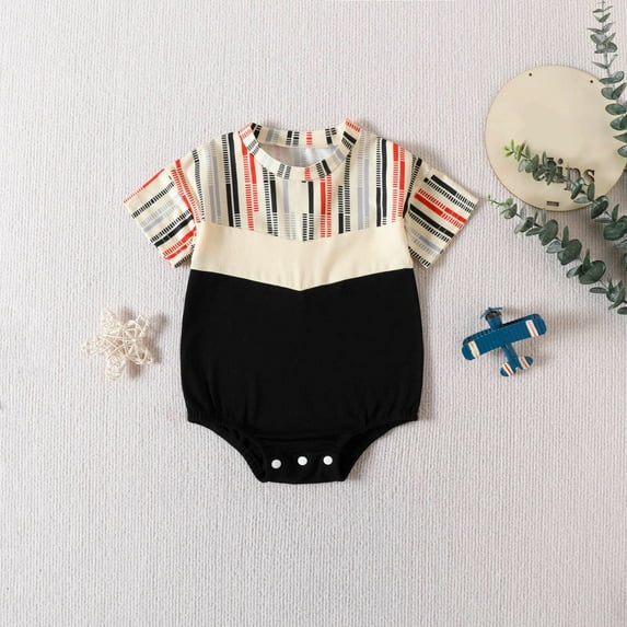 Edvintorg 0-24Months Baby Clothes Boy Toddler Kids Baby Boys Fashion Cute Short Sleeve Splicing Stripe Print Casual Romper Infant Baby Cotton Clothes