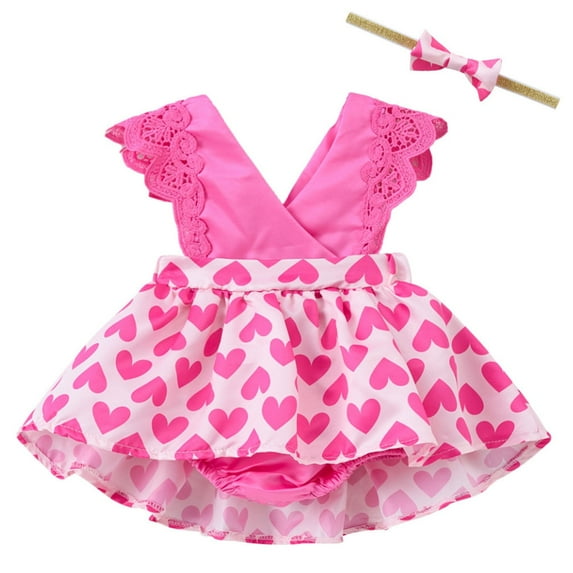 Edvintorg 0-3T Baby Girl Clothes Set Summer Toddler Baby Girl Ruffled Heart Printed Romper and Headband Set Fashion Baby Outfits