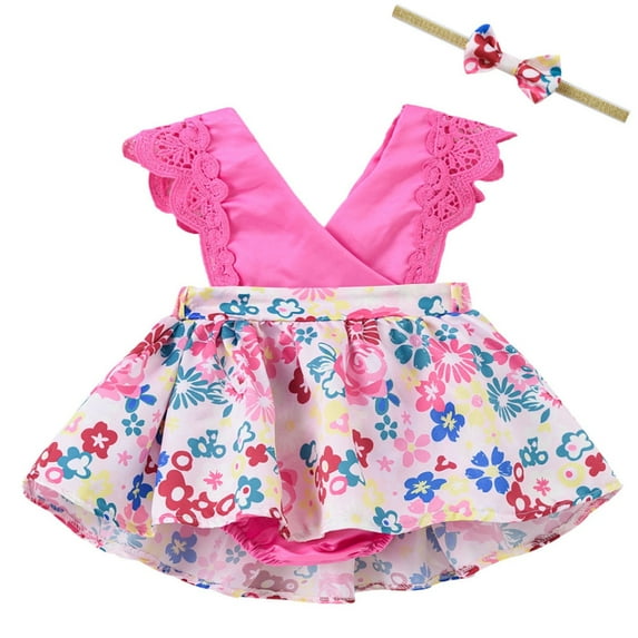 Edvintorg 0-3T Newborn Baby Girl Clothes Set Summer Toddler Baby Girl Ruffled Flower Printed Romper and Headband Set Fashion Baby Outfits