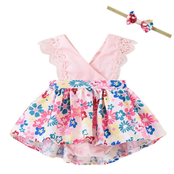 Edvintorg 0-3T Newborn Baby Girl Clothes Set Summer Toddler Baby Girl Ruffled Flower Printed Romper and Headband Set Fashion Baby Outfits