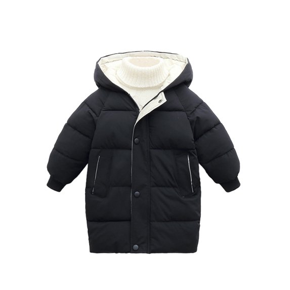 Edvintorg 1-12Years Kids Down Coat Solid Color Long Sleeve Mid-Length Winter Hooded Coat Korean Style Thickened Cotton Coat with Zipper Children's Outerwear