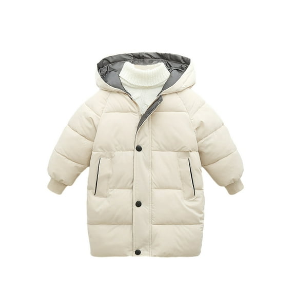 Edvintorg 1-12Years Kids Down Coat Solid Color Long Sleeve Mid-Length Winter Hooded Coat Korean Style Thickened Cotton Coat with Zipper Children's Outerwear
