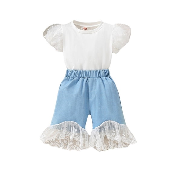 Edvintorg 1-6Y Toddler Girls Summer Clothing Set Cute Casual Short Sleeve Lace Shirt Tops And Jeans Pants Suit Fashion School Outfits Kids Clothes Girls