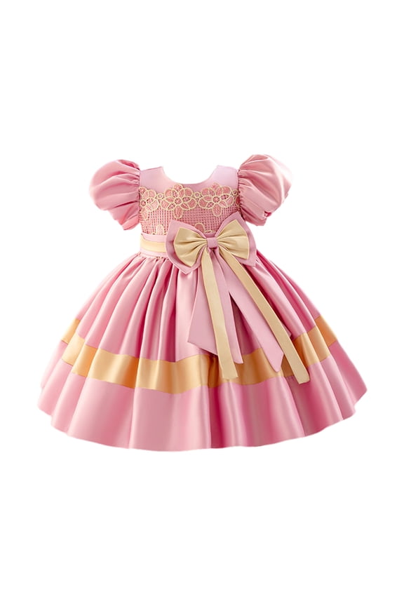 1-7Years Bubble Sleeve Dress for Kids Girl Princess Birthday Party Skirt Little Girls Bowknot Flower Girl Dresses Toddler Adorable Pageant Dress