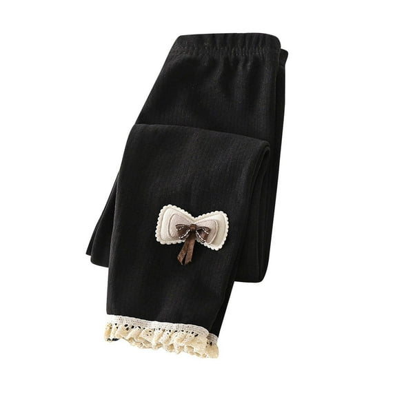 Edvintorg 1-8 Years Toddler Leggings Cute Sweet Solid Color Elastic Waist Ruffles Lace Thin Leggings Pants with Bowknot Kids School Outfit Fall Winter Girls' Leggings