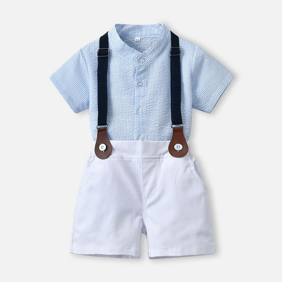 Edvintorg 12M-6Y Baby Boy Set Clothes Clearance Fashion Suits Casual Short Sleeve Top&Strap Shorts Suit Outfit For Baby Toldders Solid Color Shirts School Uniform Photography Performance Set