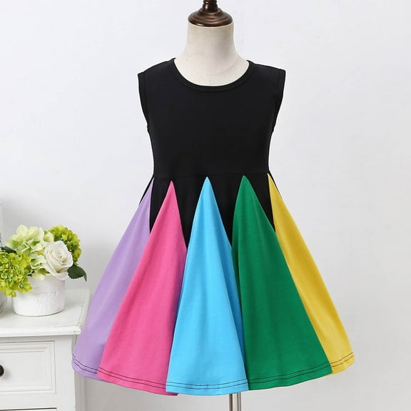 Edvintorg 12Months-5Years Toddler Girl Dresses Toddler Kids Baby Girls Fashion Cute Sleeveless Sweet Rainbow Stitching Ruffle Dress