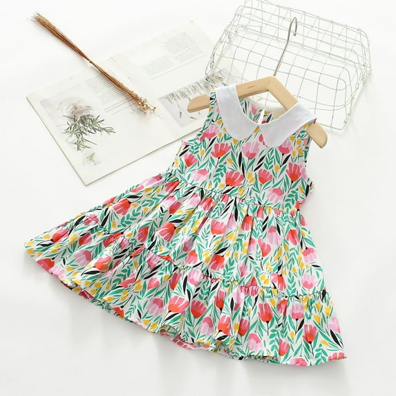 Edvintorg 2-10Years Toddler Girl Summer Outfits Clearance Toddler Kids Baby Girls Fashion Cute Sleeveless Sweet Flower Print Ruffle Dress