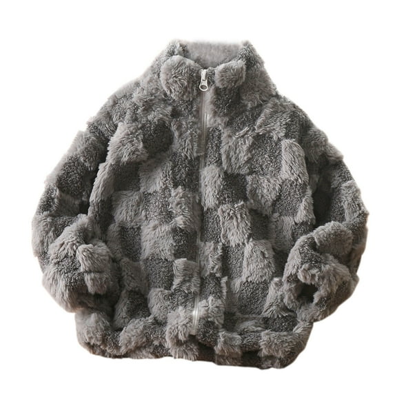 Edvintorg 2-15Years Girls Fleece Jacket Cute Plaid Stand Up Collar Warm Long Sleeve Casual Jackets with Zipper Boys Winter Kids School Outfits Children's Outerwear