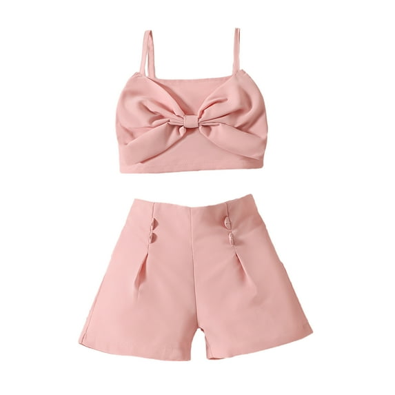 Edvintorg 2-6Years Toddler Girls Summer Outfits Solid Color Sleeveless Suspender Belt Bow Top + Shorts Set Girl Set Clothes School Girl Outfit for Kids