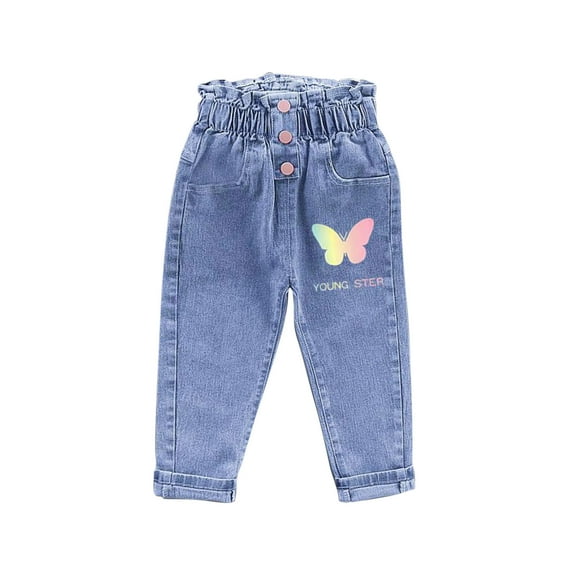 Edvintorg 2-7 Years Kids Jeans Girls Cute Sweet Printed Elastic Wasit Denim Pants with Pocket Kids Trouser Girls