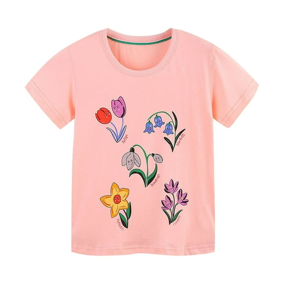 Edvintorg 2-8 Years Girls Tops Kids Clothes Girls Short Sleeve Cotton Shirts Casual Crewneck Pullover Tops Loose Plain Tunic Cute Blouse Tees