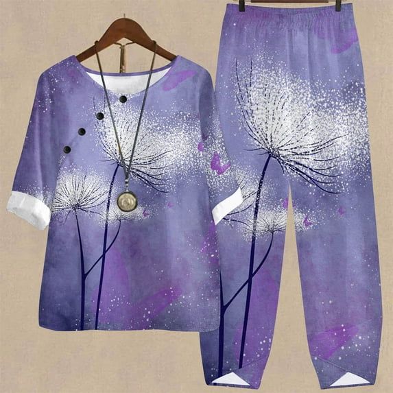 Edvintorg 2 Piece Lounge Set Women Women's Summer Printed Half Sleeve Round Neck Cropped Top + Casual Pants Suit Set Two Piece Lounge Set Purple XXL
