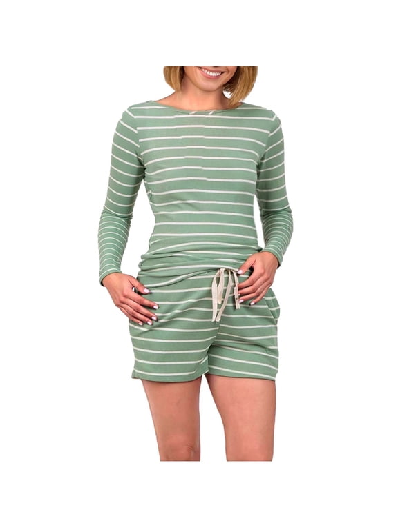2 Piece Maternity Sets for Women Fashion Striped Knitted Long Sleeve Shirt and Shorts Set Maternity Clothes Casual Comfortable Cute Pregnancy Outfits