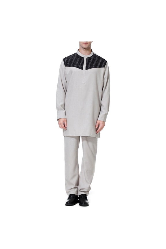 2 Piece Outfits for Men 2025 Men's Muslim Robe Set Arab Middle Robe Pattern Embroidery Slim Fit Medium Long Sleeve Standing Neck Top And Pants Robe Set Gray L
