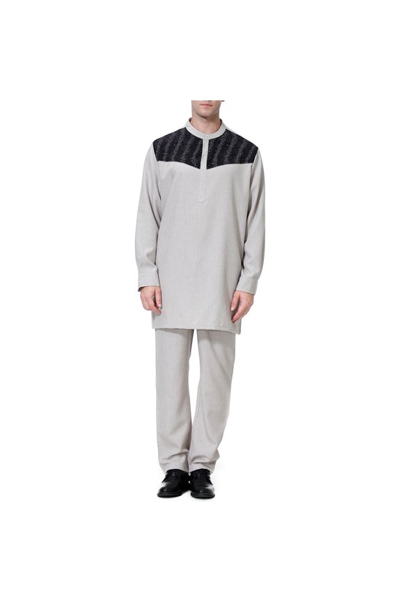 2 Piece Outfits for Men 2025 Men's Muslim Robe Set Arab Middle Robe Pattern Embroidery Slim Fit Medium Long Sleeve Standing Neck Top And Pants Robe Set Gray S