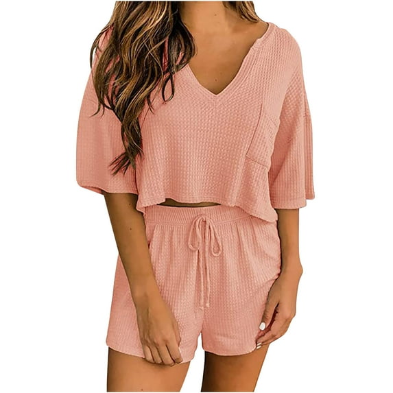 Edvintorg 2 Piece Set Women Outfit Women Two-Piece Color-Blocking V-Neck Short Sleeve Fashion Casual Suit Workout Sets M