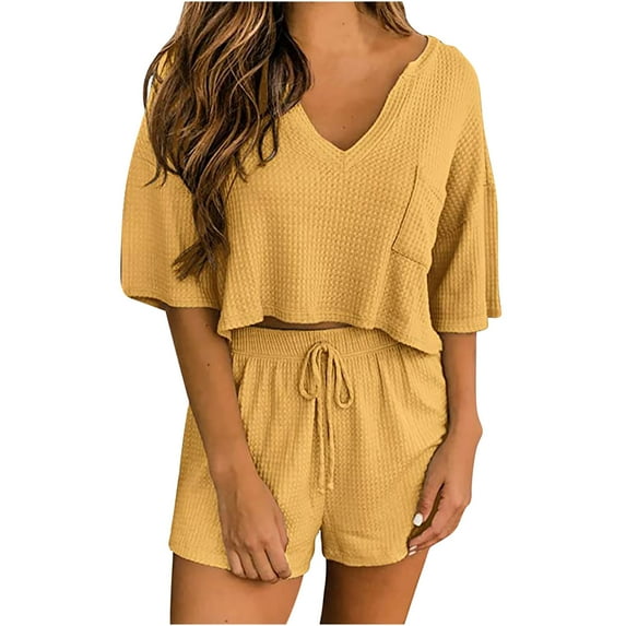 Edvintorg 2 Piece Set Women Outfit Women Two-Piece Color-Blocking V-Neck Short Sleeve Fashion Casual Suit Workout Sets Yellow S