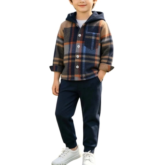 Edvintorg 2 Piece Sets for Boys Plaid Long Sleeve Hoooded Casual Button Down Top and Pant with Pocket Boy Clothes Size 3M-9Y