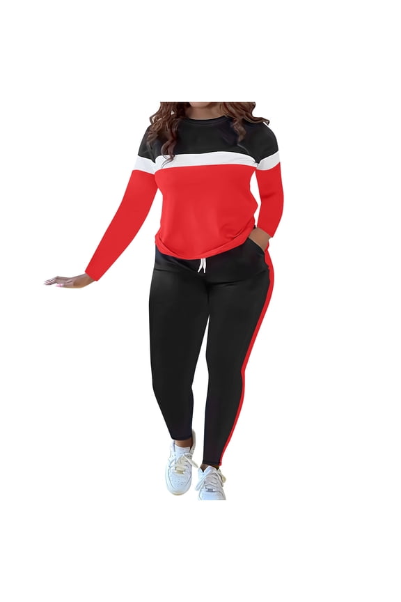 2 Piece Sets for Women Fall Fashion Patchwork Long Sleeve Pullover Tops Pants Travel Outfit Track Suits for Women Set
